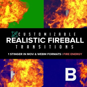 Op de afbeelding: Een vurige oranje en gele vuurbalanimatie met de tekst "CUSTOMIZABLE REALISTIC FIREBALL TRANSITIONS 1 STINGER IN MOV & WEBM FORMATS | FIRE ENERGY" op een zwarte achtergrond.