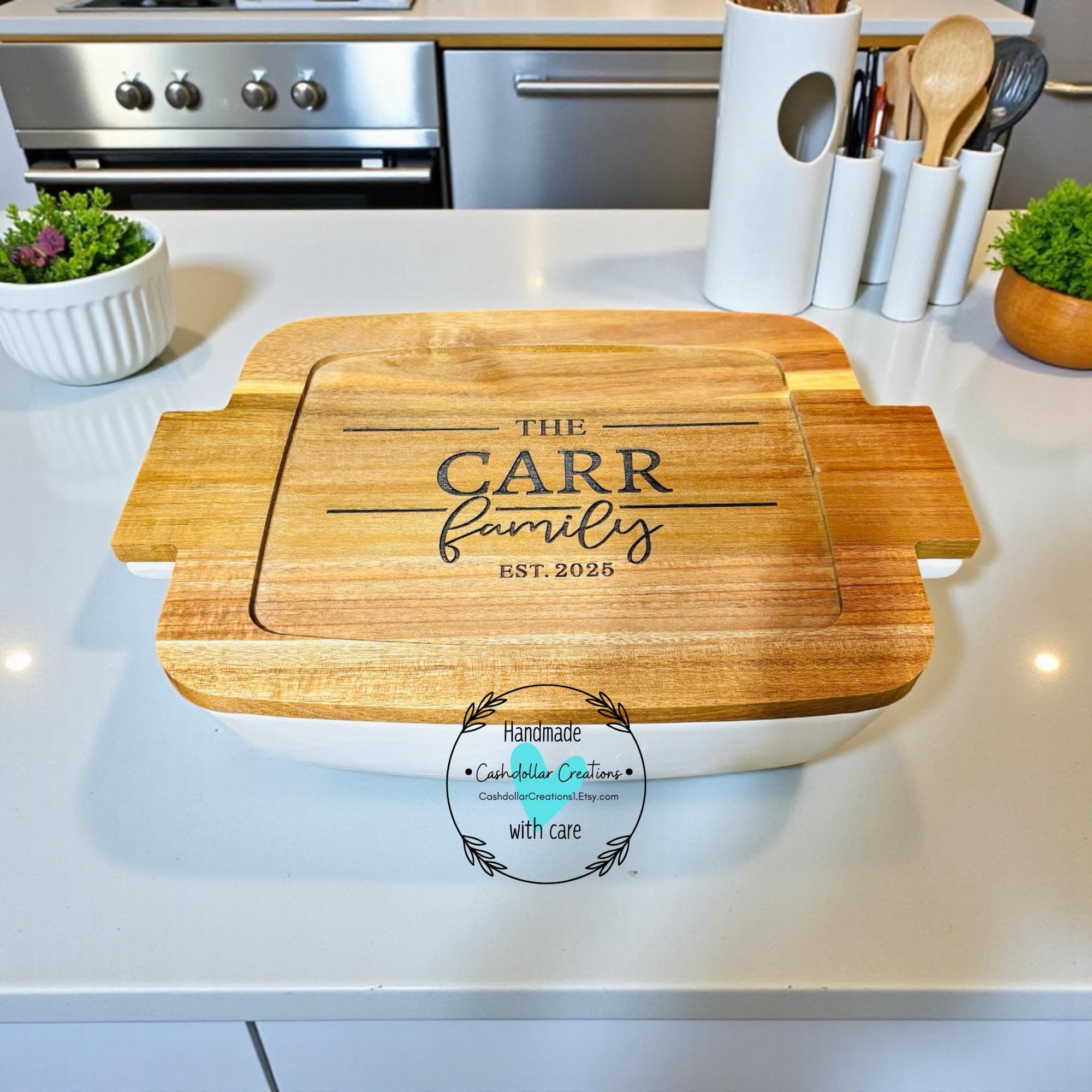 Personalized Casserole Dish With Wooden Lid | Custom Family Baking Dish ...