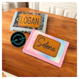 Billetera personalizada, billetera triple para niños, parche de cuero con nombre, billetera linda, regalos para niños, billetera personalizada, regalos personalizados para niños