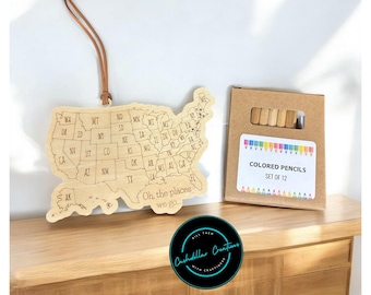 Wooden US Travel Map Ornament: DIY Coloring Tracker with Pencils