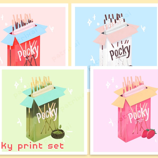 Pocky Art Prints Set of 4 | Cute Snack Art Prints | Asian Snacks Print | Pastel Art Prints | Gift for Her