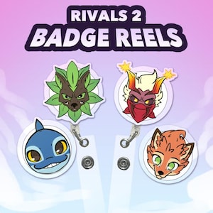 K&ouml;nnte beinhalten: Vier Ausweisrollen mit Cartoon-Charakter-Designs. Auf der oberen Rolle steht der Text "RIVALS 2 BADGE REELS". Die Rollen haben verschiedene Tierdesigns: ein Wolf, ein Charakter mit rotem Bandana, ein blauer Fisch und ein oranger Fuchs.