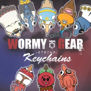 Può includere: Una collezione di portachiavi con personaggi a forma di verme dei cartoni animati. Ogni portachiavi presenta un design unico con vari accessori ed espressioni. Il testo "Wormy Gear - String Keychains" è visibile.
