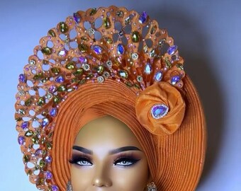 Aso oke auto gele and shoulder, Auto gele ready to wear,Autogele, Aso ebi for women , Aso oke turban, Nigeria Asooke, Blue aso oke