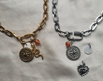 Collier modulable et interchangeable avec mousqueton et charms en acier inoxydable doré ou argenté - Solewa Créations