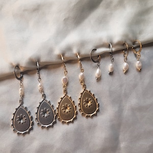 Pair of mini hoop earrings with pearls and charm in silver or gold stainless steel Solewa Créations