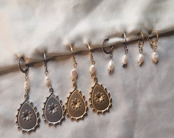 Paar mini-oorringen met parels en bedel in zilver of goud roestvrij staal Solewa Créations