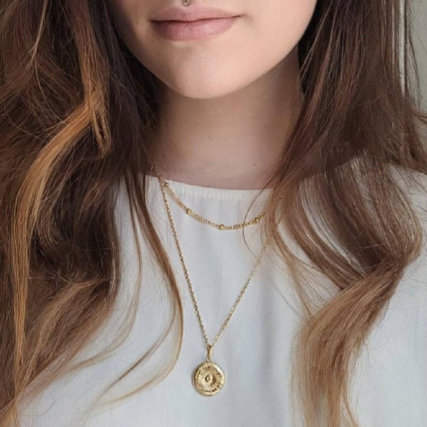 Collier Klara en acier inoxydable doré, double rang avec breloque feuille de Monstera, Solewa Créations