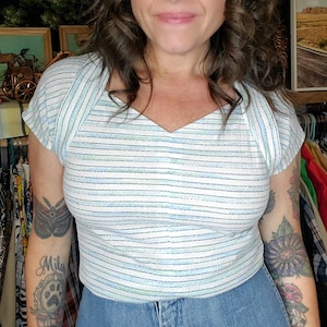 Vintage 70s Terry cloth textured, space dye striped, unique neckline top!