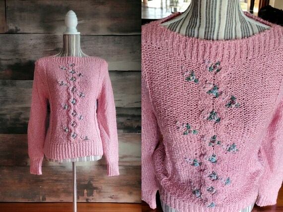 Vintage 70's-80's Cottage Core Pink Floral Sweater - image 1