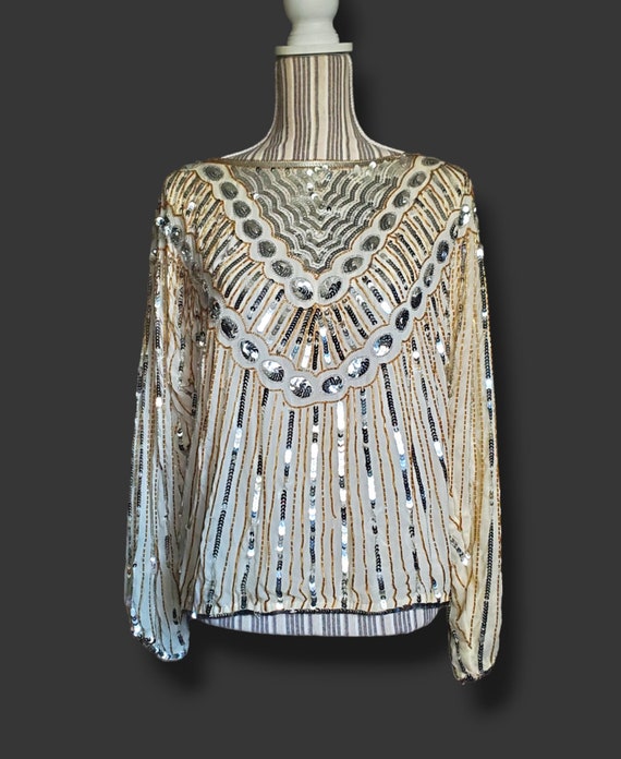 Stunning silk beaded and sequined 80's blouse! Ch… - image 5