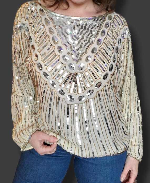 Stunning silk beaded and sequined 80's blouse! Ch… - image 2