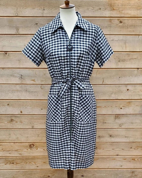 1950's cotton gingham metal zip front dress by "a… - image 1