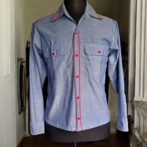 Vintage 60&#39;s-70&#39;s Big Mac Penn-Prest chambray with red buttons and embroidery!