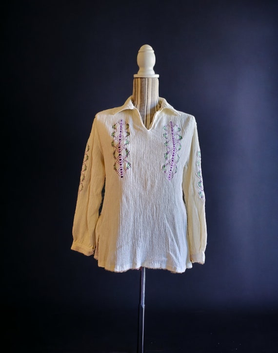 Vintage embroidered textured boho tunic blouse