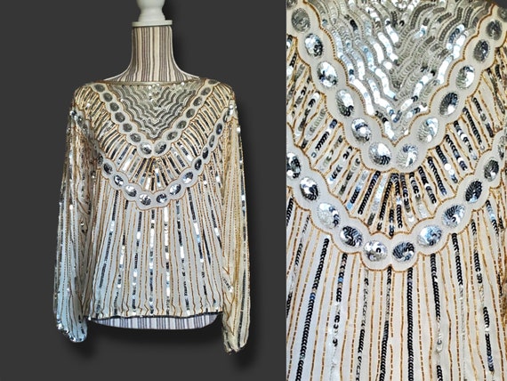 Stunning silk beaded and sequined 80's blouse! Ch… - image 1