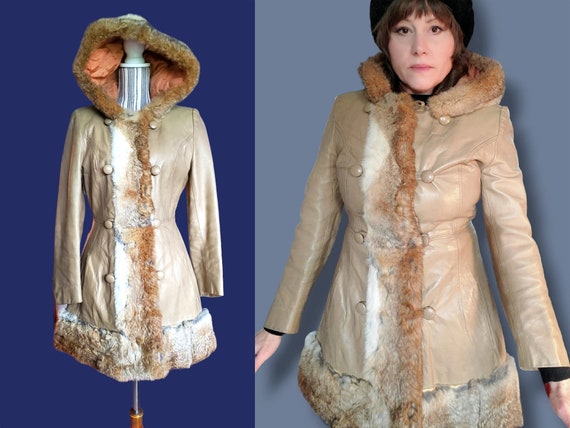 Gorgeous 70's leather and rabbit fur penny lane c… - image 1