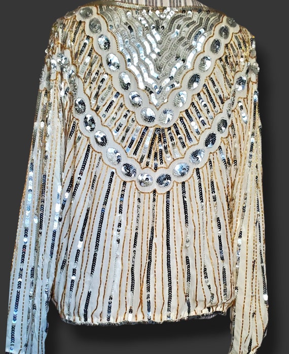 Stunning silk beaded and sequined 80's blouse! Ch… - image 7