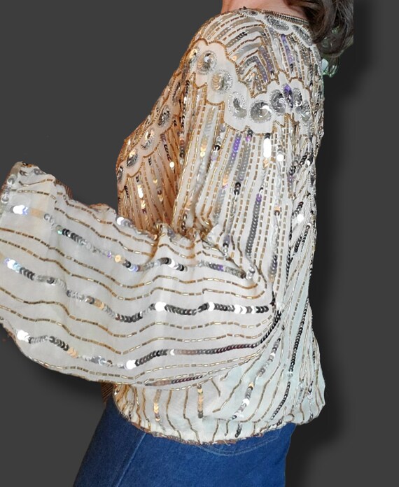 Stunning silk beaded and sequined 80's blouse! Ch… - image 4
