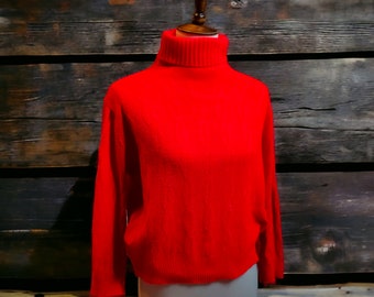 Brightest red 60's-70's acrylic knit turtleneck mod sweater