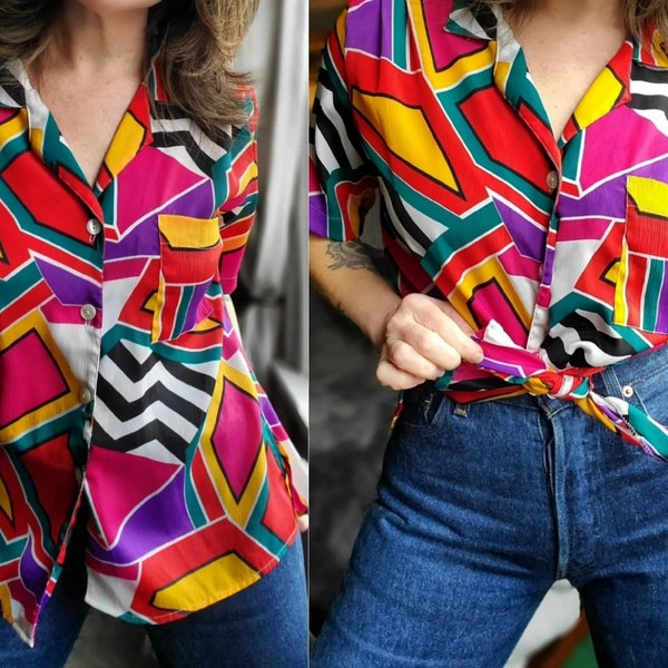 Super bright, colorful abstract 80's blouse!