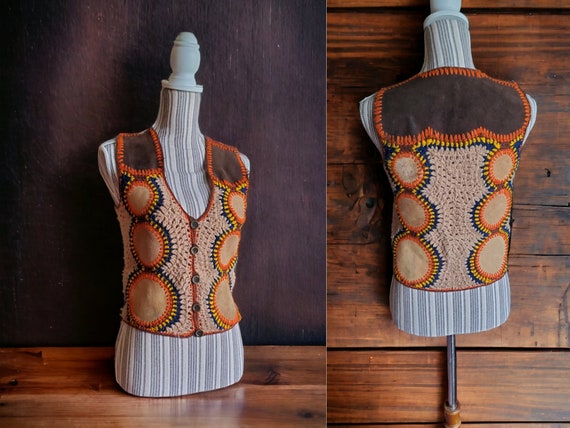 Vintage 60's-70's crochet and leather vest - image 1