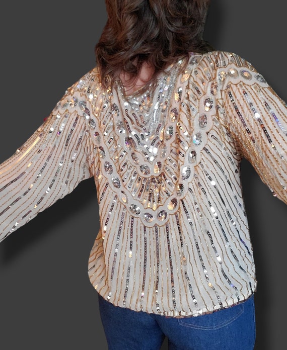 Stunning silk beaded and sequined 80's blouse! Ch… - image 3
