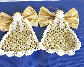 Vintage Avon Angel Ornaments Set of 2 | 2001 Crocheted Christmas Angels | Gold Thread & Pearl Halo Decorations | Original Gift Box Included