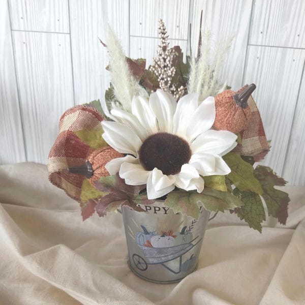 Rustic Bucket Fall Flower Arrangement: Farmhouse Thanksgiving Decor