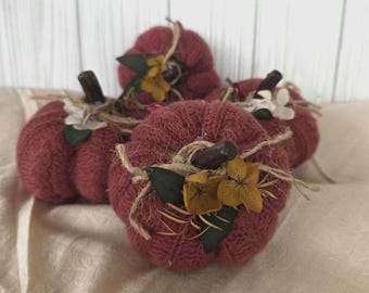 Maroon Sweater Pumpkins Set | Upcycled Fabric, Dried Flowers