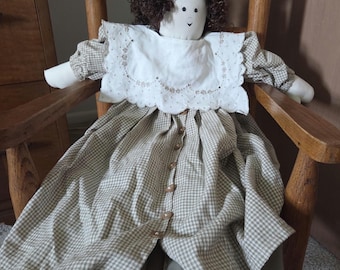 Handmade Cloth Doll with Curly Brown Hair | Gingham Dress & Matching Hair Bow | White Eyelet Collar | Soft Rag Doll Vintage Doll 30 inches