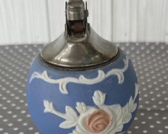 Vintage Porcelain Table Lighter Blue White Rose Pattern Mid Century Tobacciana Decorative Desk Lighter Floral Collectible