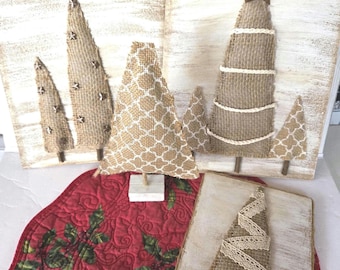 Handmade Rustic Christmas Decor Set 4 Piece Burlap and whitewash tree decor Farmhouse Christmas