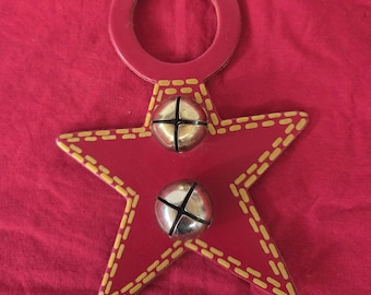 Christmas Sleigh Bell Door Hanger | Vintage Silver Bells on Red Leather Star with Yellow Stitching | Rustic Farmhouse Holiday Decor