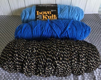 Yarn Bundle Lot of 3 Blue light blue black and white Skeins Yarn Crafting Knitting Crochet Supplies