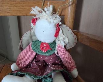 Primitive Angel Doll 14 Inch Handmade Folk Art Homespun Fabric Rustic Farmhouse Decor Star Halo