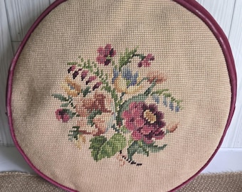 Vintage Floral Needlepoint Round Cushion Pillow Handmade Needlepoint Throw Pillow with Velvet Back Cottagecore Decor English Garden Accent
