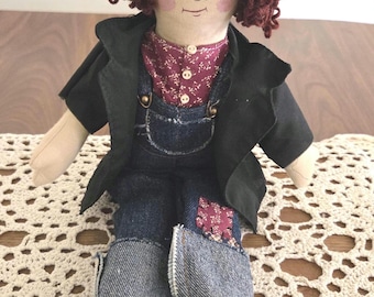 Folk Art Boy Doll – Americana Primitive Farmhouse Decor, Yarn Hair, Straw Hat