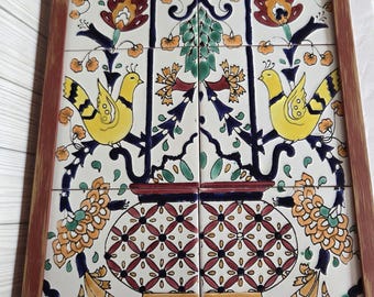 Vintage Tunisian Hand Painted Ceramic Tile Mural Framed 19 x 13 Moorish Floral Arabesque Wall Art Ornamental Urn Songbirds Six Tile Panel
