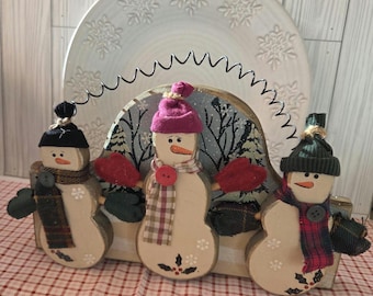 Set of 3 Hand Painted Wooden Snowmen | Primitive Rustic Christmas Decor | Fabric Hats & Wire Hangers