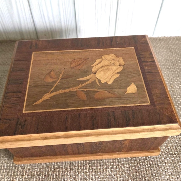 Vintage Marquetry Inlaid Rose Jewelry Box | Floral Wood Trinket Box | Lacquered Keepsake Box | Cottagecore Vanity Decor