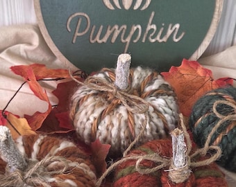 Handmade Yarn Pumpkins Set of 4: Rustic Fall Decor