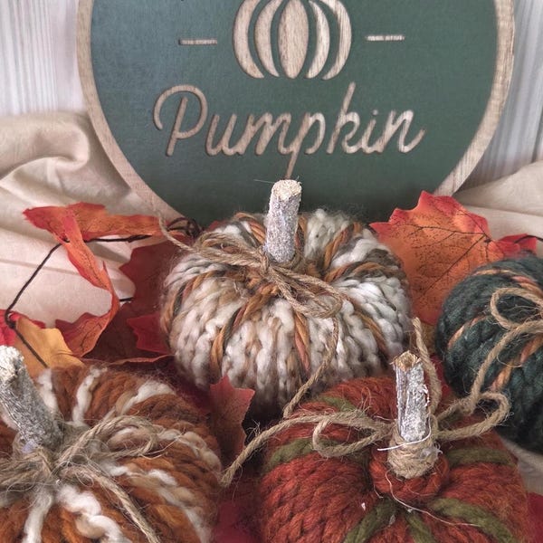 Handmade Yarn Pumpkins Set of 4: Rustic Fall Decor