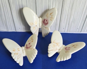 Vintage Hand Painted Porcelain Butterfly Wall Decor Set of 3 Ceramic Butterfly Plaques Cottagecore