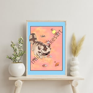 Puede incluir: Una ilustración digital de un animal de dibujos animados marrón y blanco con una cola esponjosa, sobre un fondo rosa y naranja con nubes y un sol amarillo.