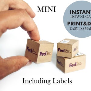 May include: Miniature cardboard boxes featuring the FedEx logo in purple and orange. The set includes printable labels. Text on the image reads MINI, INSTANT DOWNLOAD, PRINT&DIY, EASY TO MAKE, and Including Labels. These are small paper craft boxes.