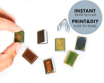 Miniature Old Library Books, prinatble paper template DIY, dollhouse 1:6