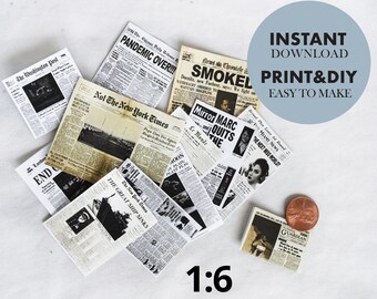 Miniature Newspaper, Mini Set printable template, Dolhouse