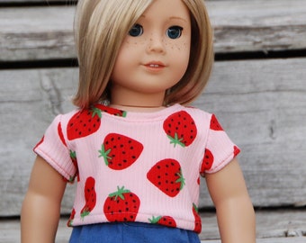 Pink Strawberry Ribbed Tee Shirt for 18 inch dolls, American Girl Doll