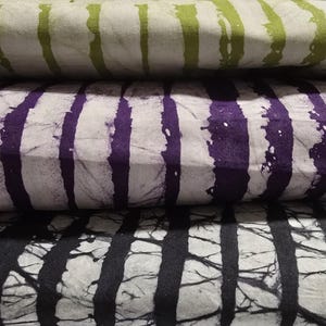 African Adire Tie Dye Fabric by the Yard – Hand-Dyed Cotton | Black, Purple, Green Stripe Design for Sewing & Crafts